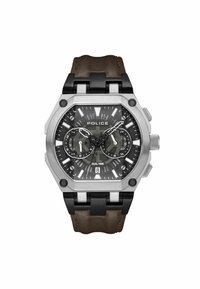 Polis dual-time klocka med en oktagonal klockkropp i rostfritt stål, svart och grå urtavla, brun läderrem och framträdande silverdetaljer.