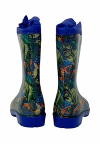 Stivali da pioggia in gomma blu con motivo di dinosauri, dotati di una superficie testurizzata, punta rotonda e design con bordo ripiegato.