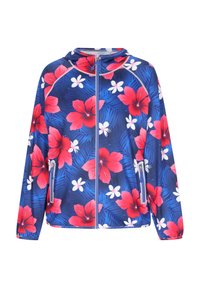 Lättviktsjacka med huva i blått med stora röda hibiskusblommor och vita accenter. Inkluderar dragkedja och sidofickor.
