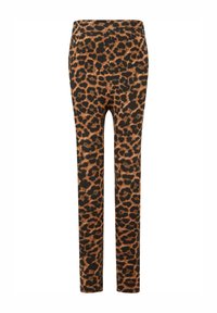 Leopardi-kuosiset leggingsit, joissa on musta tausta ja ruskeat läiskät, valmistettu venyvästä kankaasta, slim fit -leikkauksella ja korkealla vyötäröllä.