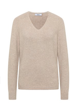 Suéter beige con escote en V, mangas largas y puños acanalados. Hecho de material suave, presenta una textura sutil y un diseño minimalista.