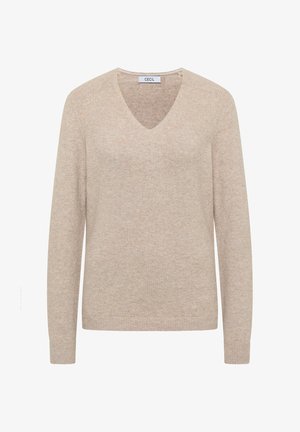 Beżowy sweter z dekoltem w serek, długimi rękawami i ribbowymi mankietami. Wykonany z miękkiego materiału, charakteryzuje się subtelną fakturą i minimalistycznym designem.