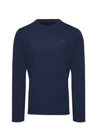 Marineblaue Langarm-T-Shirt mit Rundhalsausschnitt, aus glattem Stoff gefertigt. Besitzt ein dezentes Logo auf der Brust und eng anliegende Bündchen.