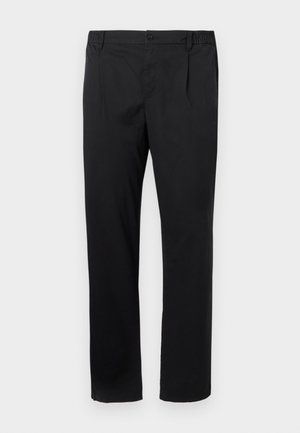Black straight-leg trousers with button and zip closure, side pockets, and partially elastic waistband on a white background.