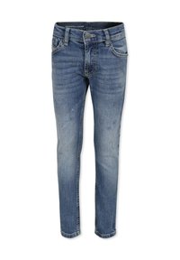 Jeans blu in denim skinny-fit con lavaggio sbiadito, design a cinque tasche e chiusura con un solo bottone. Dettagli strappati vicino alle tasche.