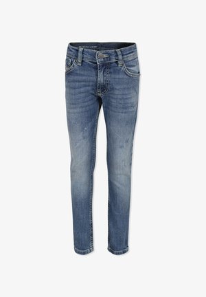 Jeans blu in denim skinny-fit con lavaggio sbiadito, design a cinque tasche e chiusura con un solo bottone. Dettagli strappati vicino alle tasche.