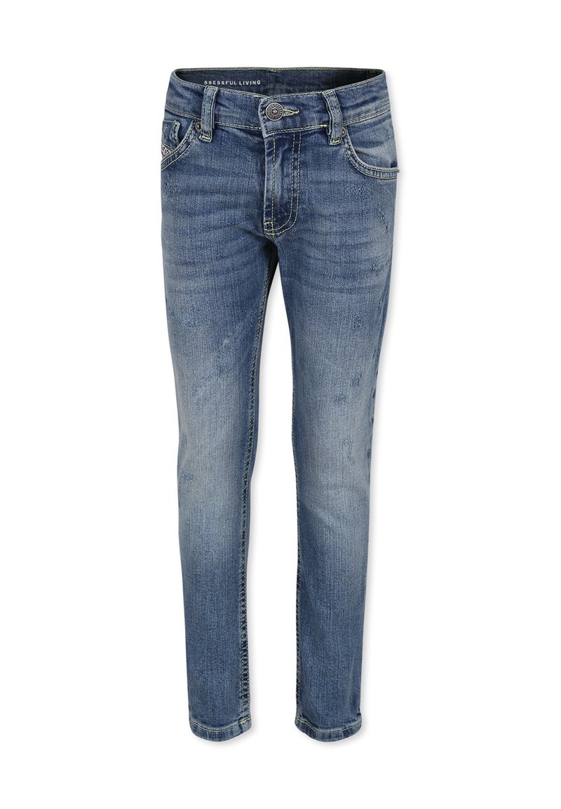 Jeans blu in denim skinny-fit con lavaggio sbiadito, design a cinque tasche e chiusura con un solo bottone. Dettagli strappati vicino alle tasche.