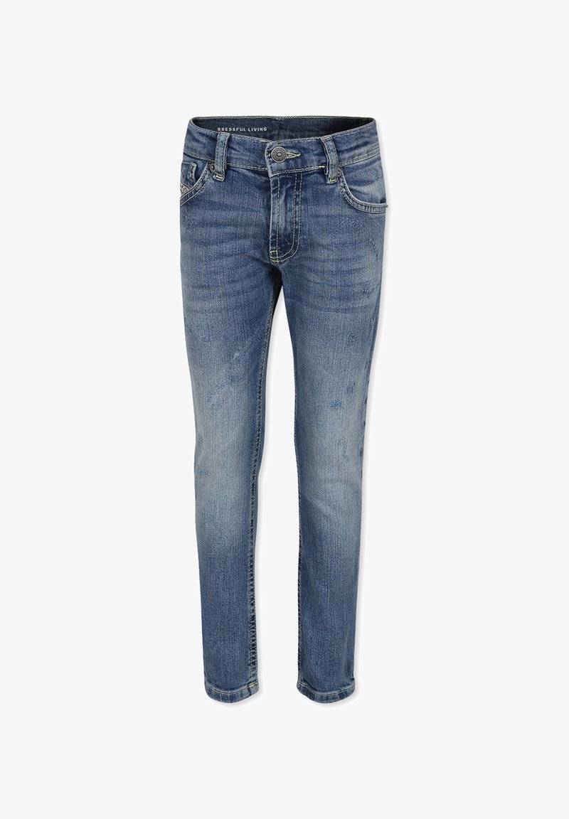 Jeans blu in denim skinny-fit con lavaggio sbiadito, design a cinque tasche e chiusura con un solo bottone. Dettagli strappati vicino alle tasche.