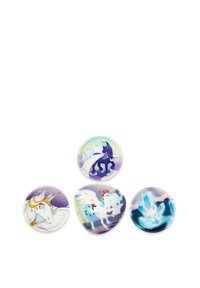 Set di quattro pulsanti circolari con vivaci unicorni e cristalli, con design colorati e sfondi variabili in tonalità di viola e blu.