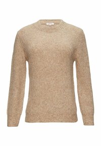 Beiger, gestrickter Pullover mit langen Ärmeln und rundem Ausschnitt. Verfügt über ein strukturiertes Muster sowie gerippte Bündchen und Saum.
