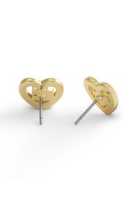 Gold heart-shaped stud earrings featuring an open design with a silver post. Smooth, polished finish with rounded edges.