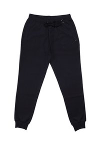 Donkerblauwe trainingsbroek gemaakt van zachte stof, voorzien van een elastische tailleband met trekkoord, zijzakken en geribbelde boorden bij de enkels.