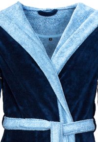 Navy blue terry cloth bathrobe with a light blue hood and collar. Features a matching tie belt and soft texture, ideal for comfort. Size M.
