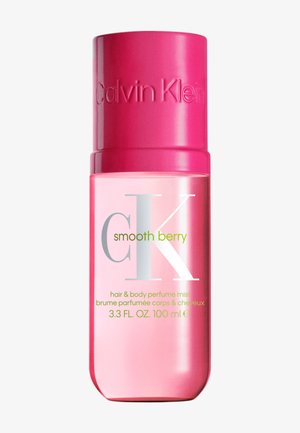 Calvin Klein smooth berry hair and body perfume mist in a pink cylindrical bottle with a dark pink cap, 100 ml size.