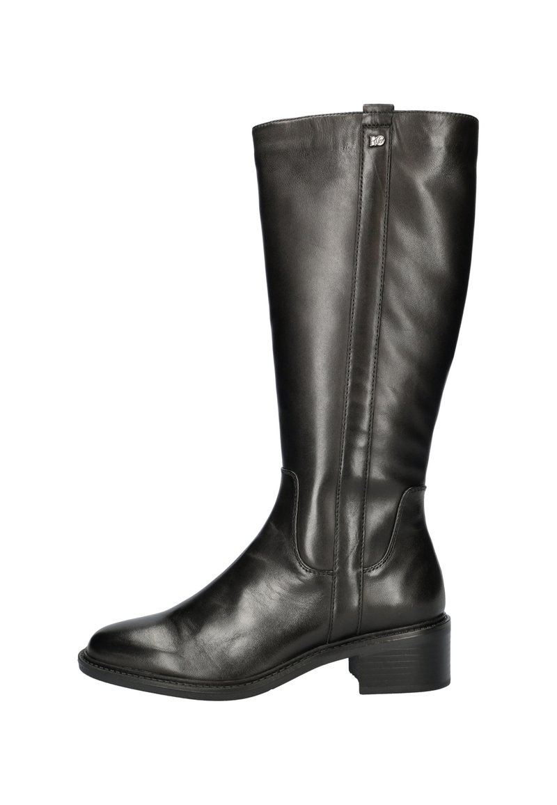 Zwarte leren laarzen tot de knie met een gladde textuur, ronde neus en een lage blokhak; heeft een eenvoudig ontwerp en discrete zijnaad.