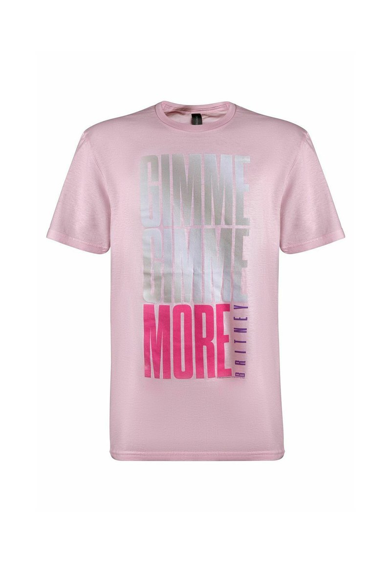 Světle růžové bavlněné tričko s výrazným textem ve gradientu "GIMME GIMME MORE" v bílé a růžové barvě, s malými fialovými akcenty a krátkými rukávy.