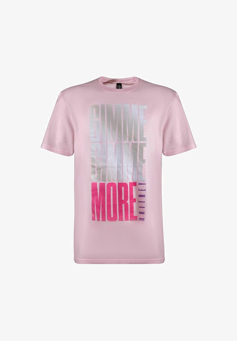 Lyserød bomull T-skjorte med fet, gradient tekst "GIMME GIMME MORE" i hvit og rosa, med små lilla detaljer, korte ermer.