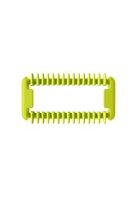 Groene plastic kam met 14 tanden aan elke kant, met een rechthoekige vorm en gladde randen voor gemakkelijke hantering.