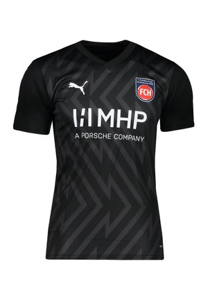 Maillot de football noir à manches courtes avec un motif géométrique, doté d'un col en V, du logo Puma et du branding de l'équipe sur la poitrine et la manche.
