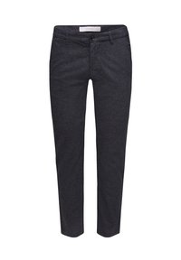 Dark gray trousers with a textured fabric, featuring a slim fit, belt loops, front pockets, and a front button closure.