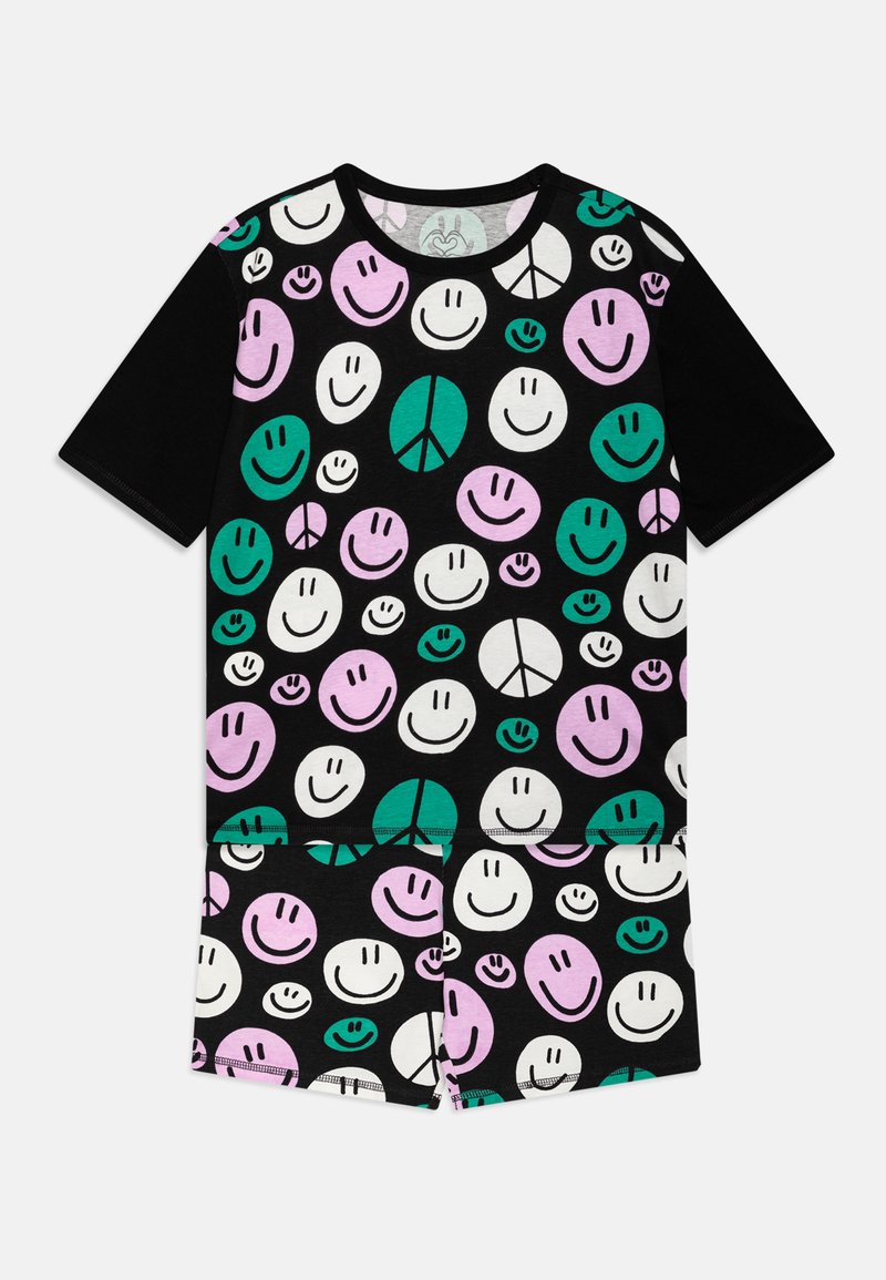Μαύρο T-shirt με πολύχρωμο σχέδιο από χαρούμενες φατσούλες και σημάδια ειρήνης σε πράσινο, ροζ και λευκό. Από βαμβακερό υλικό, κοντά μανίκια, casual εφαρμογή.