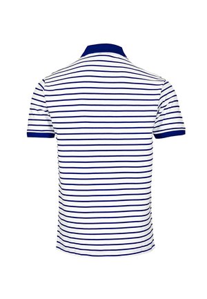 Bílá polo košile s krátkým rukávem, s tenkými tmavě modrými vodorovnými pruhy a jednobarevným tmavě modrým límečkem a manžetami rukávů, pohled zezadu.