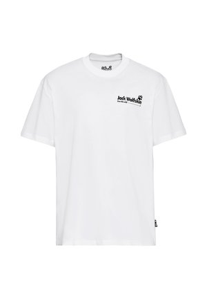 Weißes Baumwoll-T-Shirt mit rundem Ausschnitt, kurzen Ärmeln und einem schwarzen, aufgedruckten Logo auf der linken Brustseite. Es hat einen geraden Schnitt und eine weiche Textur.