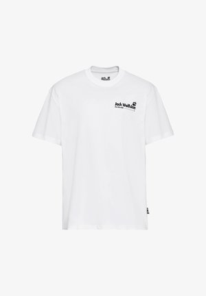 Weißes Baumwoll-T-Shirt mit rundem Ausschnitt, kurzen Ärmeln und einem schwarzen, aufgedruckten Logo auf der linken Brustseite. Es hat einen geraden Schnitt und eine weiche Textur.