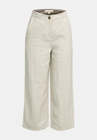 Pantalon large taille haute beige clair avec bouton à l'avant, fermeture éclair, poches latérales et détail de ceinture intérieure rayée.