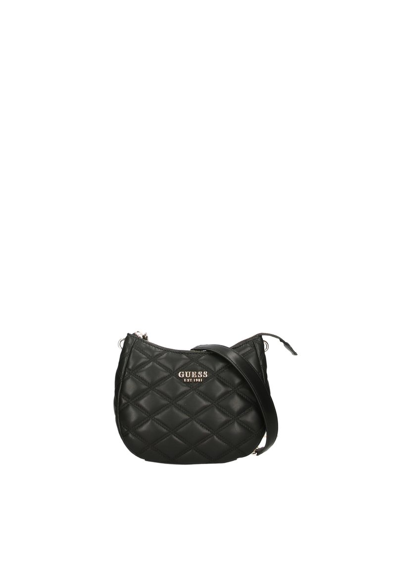 Borsa a tracolla sintetica nera trapuntata, con forma rotonda, chiusura zip, tracolla regolabile e logo argento ben visibile sulla parte anteriore.