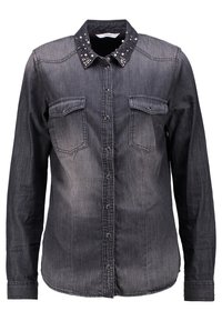 Dark denim shirt featuring a button-up front, two chest pockets, and a studded collar for added detail. Smooth texture with a faded finish.