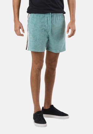 Uomo che indossa pantaloncini in spugna turchese con strisce laterali e sneaker nere, in piedi contro uno sfondo bianco semplice.