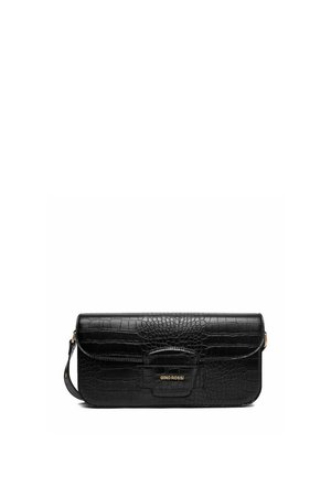 Czarna prostokątna torebka o fakturze krokodyla, z klapką zamykającą, małym uchwytem i złotym logo "GINO ROSSI" na przodzie.