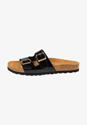 Schwarze Lack-Slidesandale mit zwei verstellbaren Riemen und goldener Hardware, einer Kork-Mittelsohle und einer strukturierten Gummisohle für besseren Halt.
