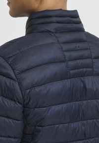 Tamsiai mėlynas pūkinis švarkas su aukštu apykakle, siuvinėtu dizainu ir lygiu paviršiumi. Išskirtiniai siuvimo detalės nugaros srityje ir minimalus prekių ženklas.
