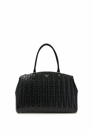 Sac à main en cuir matelassé noir avec double poignées et une plaque triangulaire du logo Guess au centre avant.