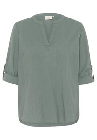 Blusa verde chiaro realizzata in tessuto testurizzato, con scollatura a V, maniche a tre quarti con risvolti e vestibilità rilassata.