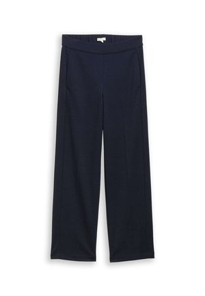 Pantaloni a gamba larga blu navy realizzati in tessuto morbido, dotati di cintura elastica e tasche laterali. Tessuto liscio con dettagli minimi.