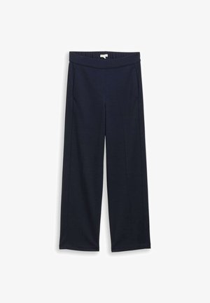 Marineblauwe wijde broek gemaakt van zachte stof, met een elastische tailleband en zijzakken. Gladde textuur met minimale details.