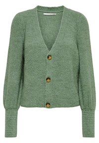 Grön stickad cardigan med V-hals, prydd med tre stora bruna knappar, långa ärmar och ribbade manschetter. Mjukt material med en grovstickad design.