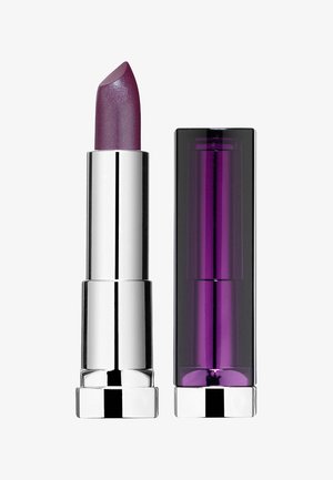 Lippenstift in schimmernder lila Nuance mit metallischem Finish, untergebracht in einem silbernen und transparenten lila zylindrischen Etui, das eine glatte Textur zeigt.