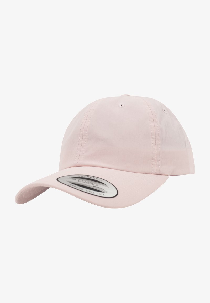 Pink baseball cap made of fabric with a curved brim, featuring stitched panels and a tag on the front displaying brand information.