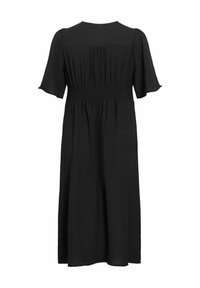 Robe midi noire avec manches courtes volantées, détail taille froncée et jupe ample et fluide vue de dos.
