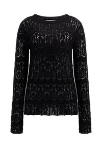 Maglione nero lavorato a maglia con maniche lunghe, caratterizzato da un motivo in pizzo semitrasparente e scollo rotondo. Tessuto morbido con dettagli di design intricati.
