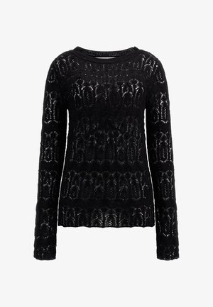 Czarny sweter z dzianiny z długimi rękawami, ozdobiony półprzezroczystym ażurowym wzorem i okrągłym dekoltem. Miękka faktura z misternymi detalami wzoru.