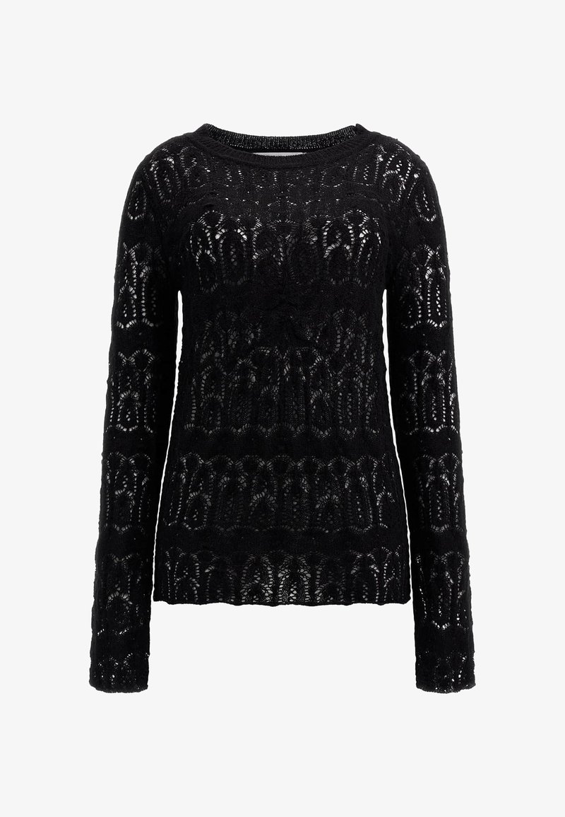 Maglione nero lavorato a maglia con maniche lunghe, caratterizzato da un motivo in pizzo semitrasparente e scollo rotondo. Tessuto morbido con dettagli di design intricati.
