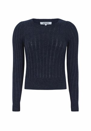 Tengerészkék kötött pulóver bordázott mintával, hosszú ujjakkal és kerek nyakkal. A címke felirata: "Soft Rebels."