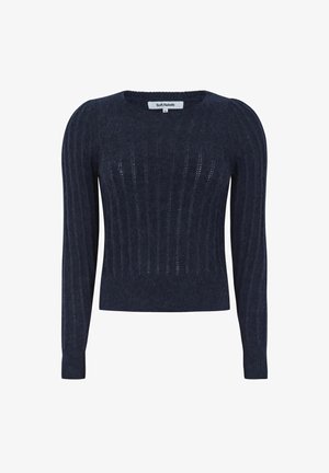 Tumesinine kootud sviiter, millel on soonikkoes pind, pikad varrukad ja ümar kaelus. Sildil on kirjas "Soft Rebels."