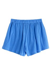 Blå shorts i texturerat tyg med elastisk midjeband. Har en avslappnad passform och längd till mitten av låret. Inga ytterligare mönster eller detaljer.