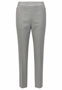 Pantalons tailleur gris avec un motif rayé, poches zippées, une texture lisse et une coupe slim.